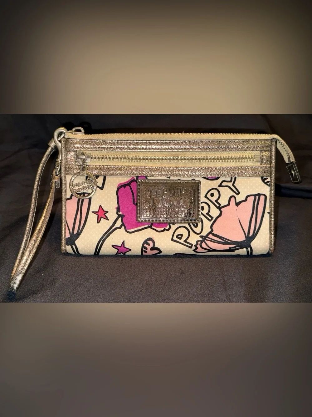 Coach Poppy Metallic Gold Floral Pop Wristlet - Pink & Light Pink